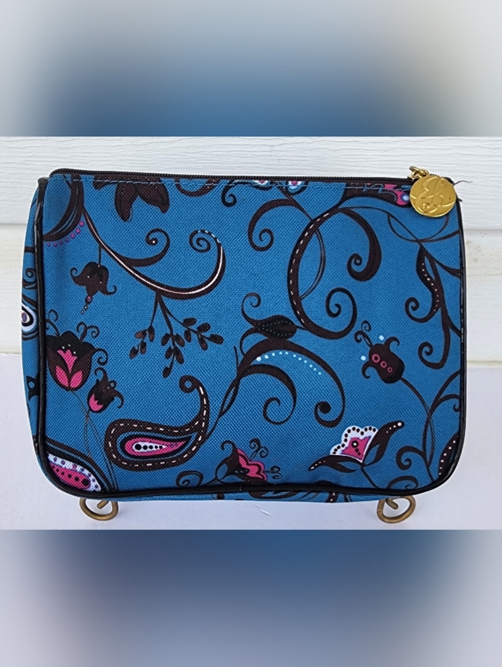 Estee Lauder Blue Black Pink Paisley Floral Travel Cosmetic Pouch Bag